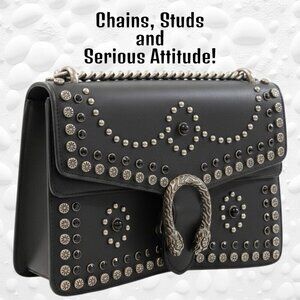 Dark Grey Studded Handbag – Heavy Chains, Horseshoe Clasp, Statement Piece!